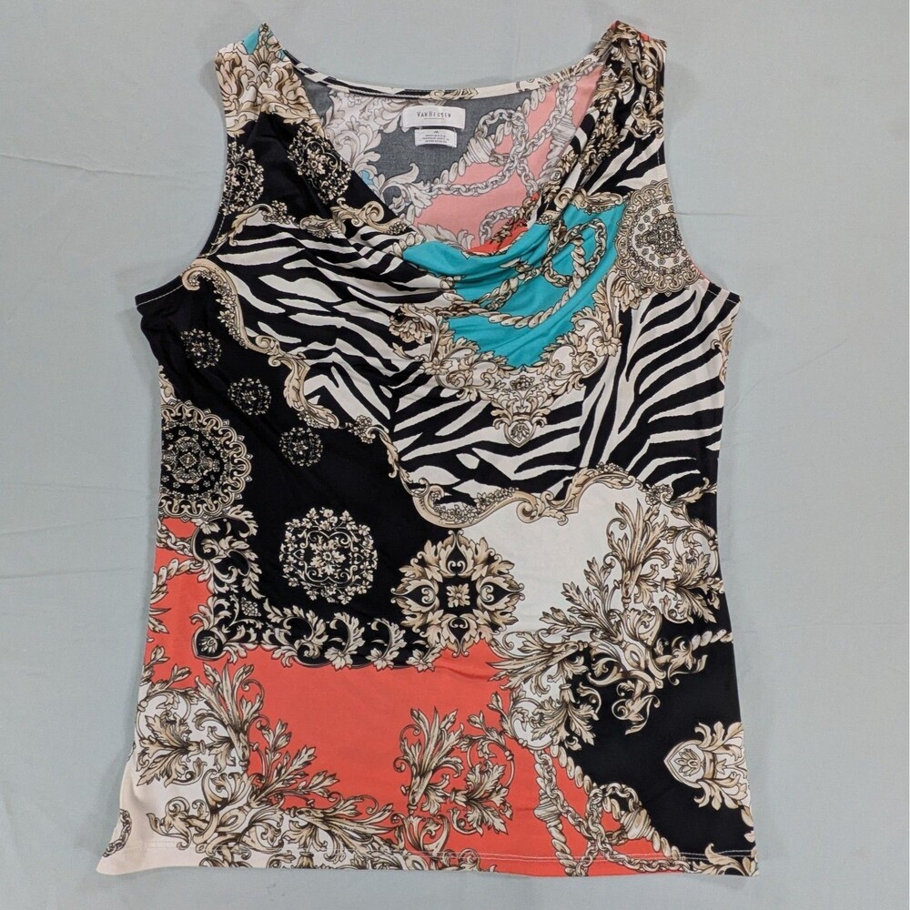 Van Heusen Black, Turquiose, Orange Geometric Cowl Neck Sleeveless Blouse Size M